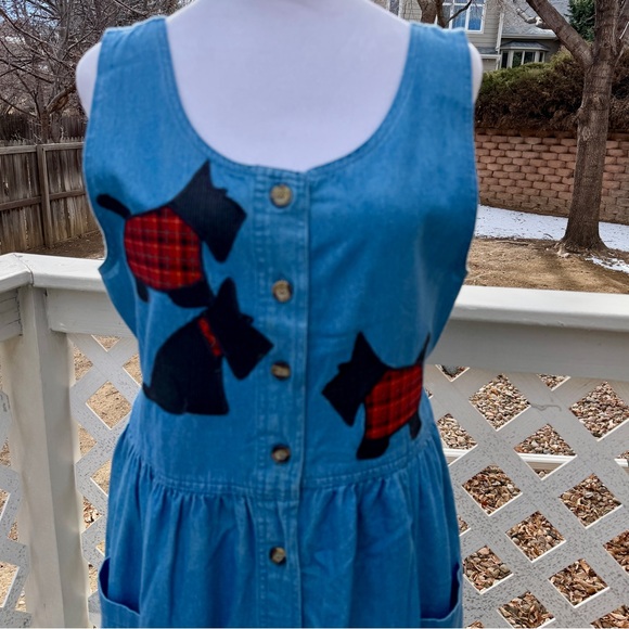 Vintage 90s Denim Maxi Jumper Patio Dress Women S Scottie Dogs Mrs Roper Romp - Picture 6 of 12